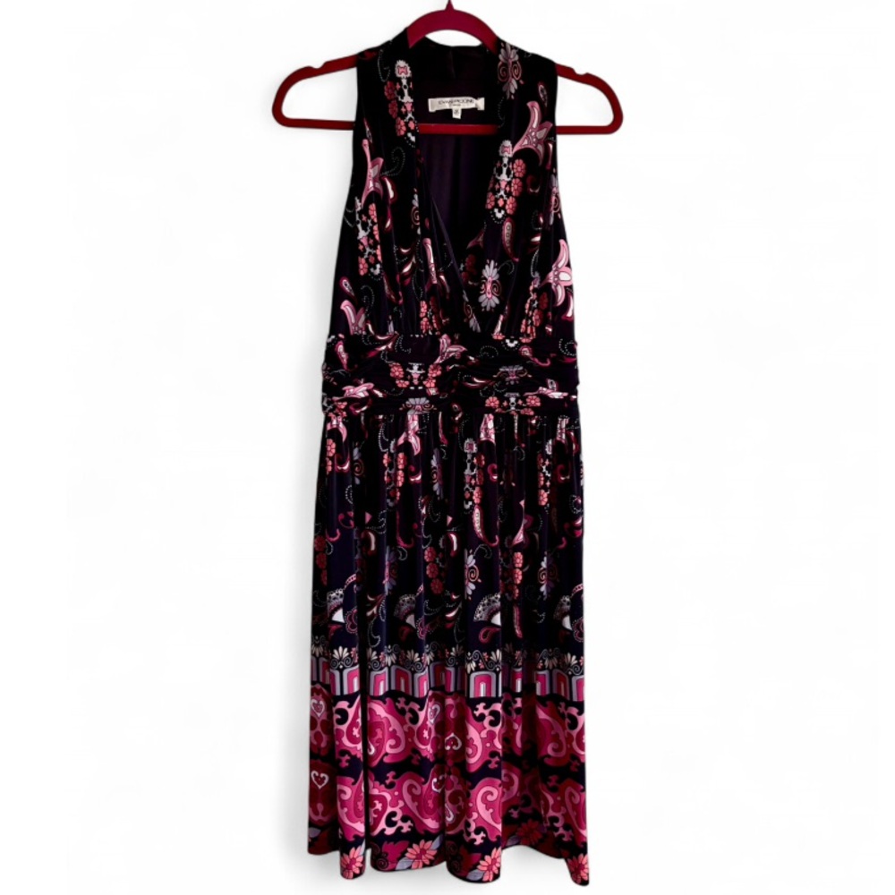 Evan Picone Black Paisley Print Wrap Front Sleeveless Knit Midi Dress Size 12